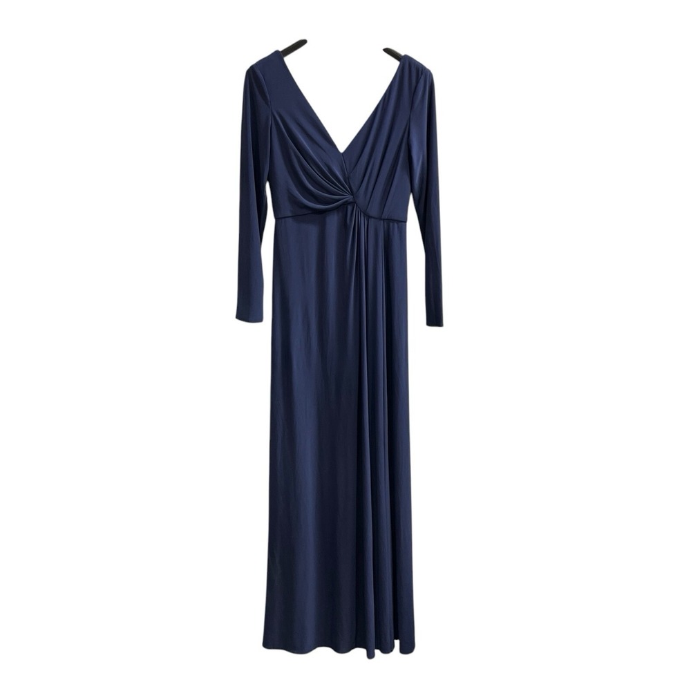 DB Studio Dress Womens 10 Blue Jersey Knit Gown Maxi‎ Deep Gathered V Neck Event